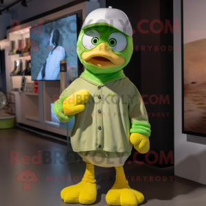 Lime Green Gosling mascot costume character dressed with a Poplin Shirt and Beanies