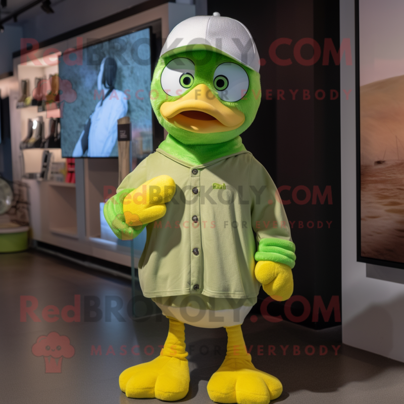 Lime Green Gosling mascot costume character dressed with a Poplin Shirt and Beanies Lime Green Gosling mascot costume character dressed with a Poplin Shirt and Beanies