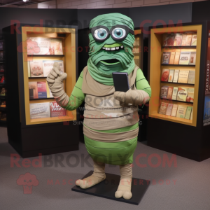 Forest Green Mummy mascot costume character dressed with a Cargo Shorts and Reading glasses