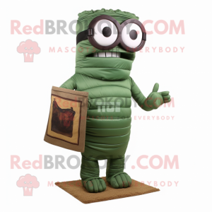 Forest Green Mummy mascot costume character dressed with a Cargo Shorts and Reading glasses