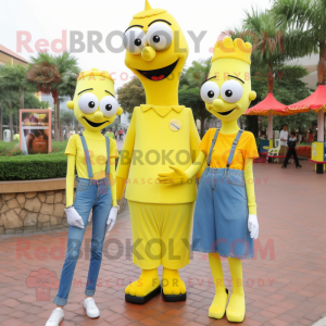 Lemon Yellow Stilt Walker mascot costume character dressed with a Mom Jeans and Coin purses