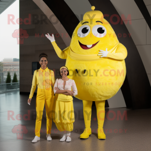 Lemon Yellow Stilt Walker mascot costume character dressed with a Mom Jeans and Coin purses