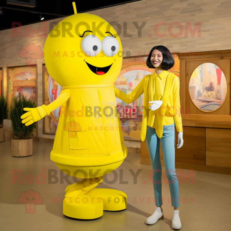 Lemon Yellow Stilt Walker mascot costume character dressed with a Mom Jeans and Coin purses