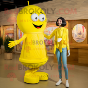 Lemon Yellow Stilt Walker mascot costume character dressed with a Mom Jeans and Coin purses