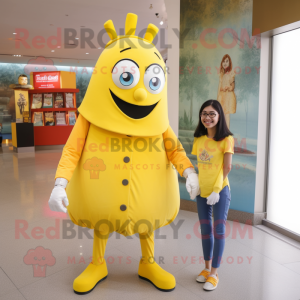 Lemon Yellow Stilt Walker mascot costume character dressed with a Mom Jeans and Coin purses