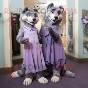 Lavender Wolf mascot costume character dressed with a Empire Waist Dress and Cummerbunds