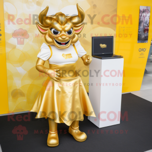 Gold Devil mascot costume character dressed with a Pencil Skirt and Wallets