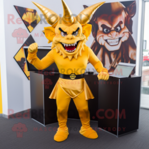Gold Devil mascot costume character dressed with a Pencil Skirt and Wallets