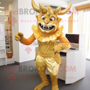 Gold Devil mascot costume character dressed with a Pencil Skirt and Wallets