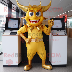 Gold Devil mascot costume character dressed with a Pencil Skirt and Wallets