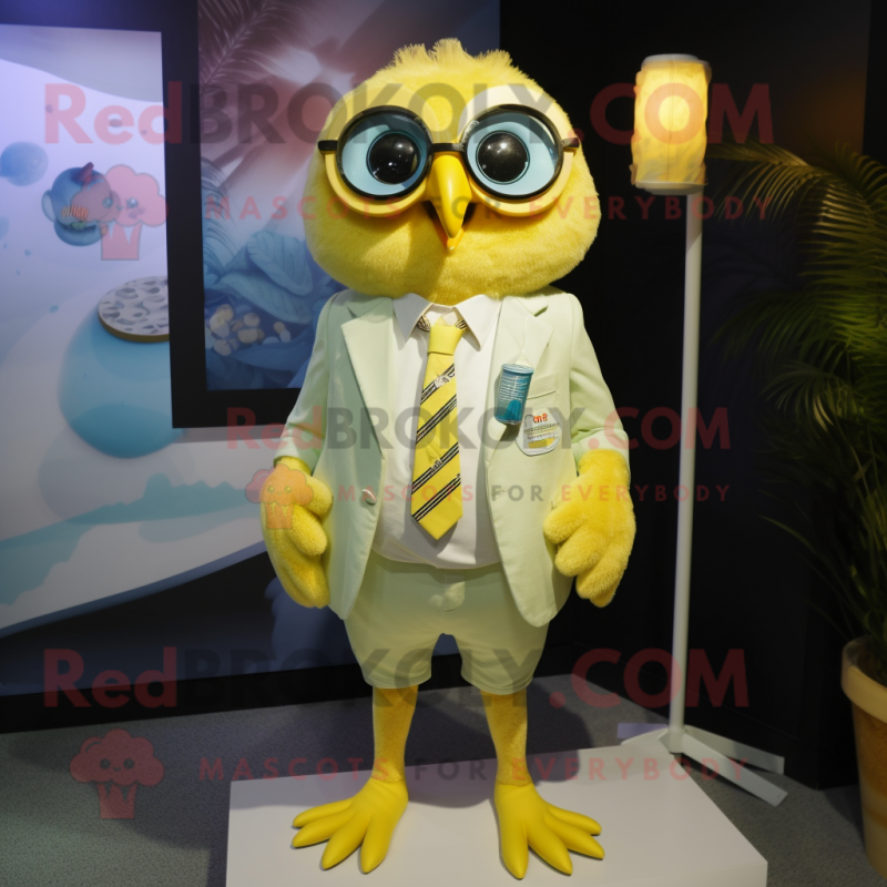 Lemon Yellow Owl mascot costume character dressed with a Bermuda Shorts and Tie pins