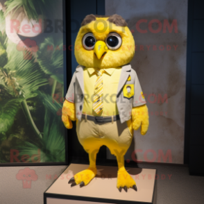 Lemon Yellow Owl mascot costume character dressed with a Bermuda Shorts and Tie pins