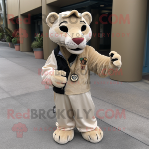 Beige Panther mascot costume character dressed with a Corduroy Pants and Necklaces