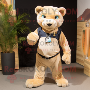 Beige Panther mascot costume character dressed with a Corduroy Pants and Necklaces