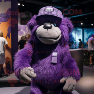 Purple Sloth Bear mascot costume character dressed with a T-Shirt and Caps