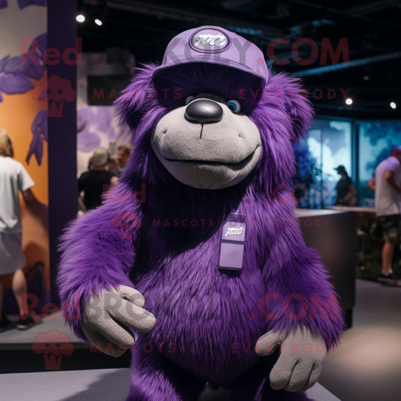 Purple Sloth Bear mascot costume character dressed with a T-Shirt and Caps Purple Sloth Bear mascot costume character dressed with a T-Shirt and Caps