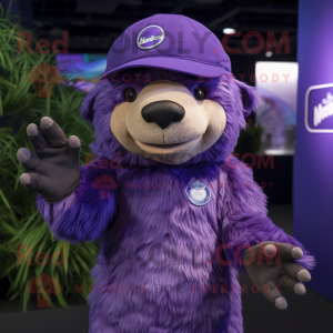 Purple Sloth Bear mascot costume character dressed with a T-Shirt and Caps