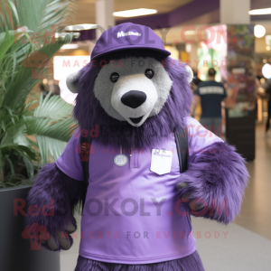 Purple Sloth Bear mascot costume character dressed with a T-Shirt and Caps