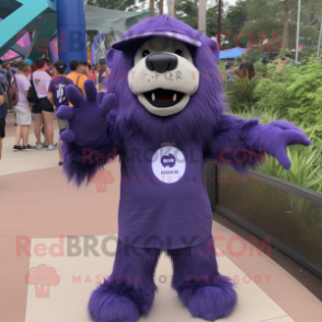 Purple Sloth Bear mascot costume character dressed with a T-Shirt and Caps