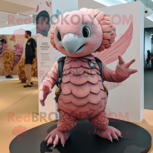 Pink Pangolin mascot costume character dressed with a Denim Shorts and Mittens