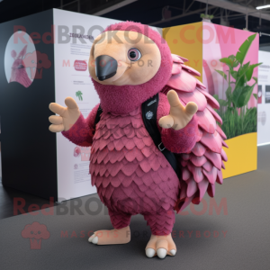 Pink Pangolin mascot costume character dressed with a Denim Shorts and Mittens