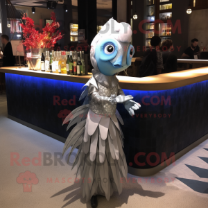 Silver Betta Fish mascot costume character dressed with a Cocktail Dress and Anklets