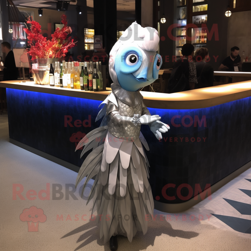 Silver Betta Fish mascot costume character dressed with a Cocktail Dress and Anklets Silver Betta Fish mascot costume character dressed with a Cocktail Dress and Anklets