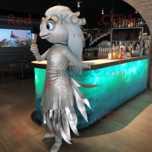 Silver Betta Fish mascot costume character dressed with a Cocktail Dress and Anklets
