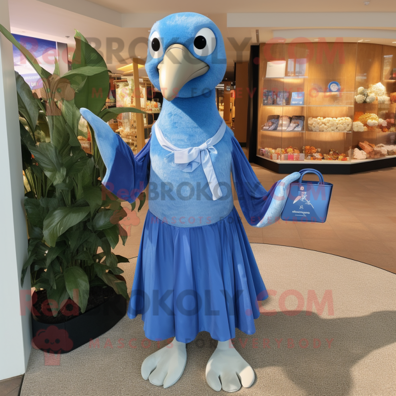 Blue Albatross mascot costume character dressed with a Wrap Dress and Coin purses