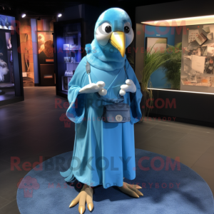 Blue Albatross mascot costume character dressed with a Wrap Dress and Coin purses
