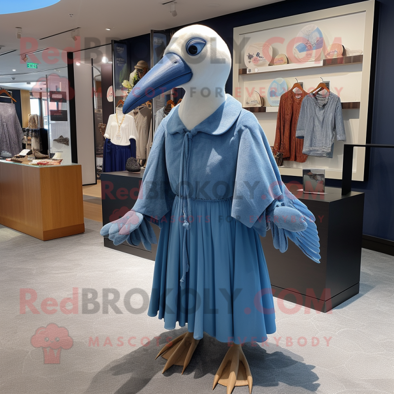 Blue Albatross mascot costume character dressed with a Wrap Dress and Coin purses