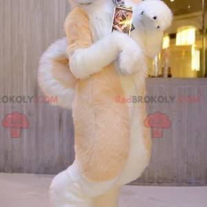 Mascotte de chien orange blanc et gris très poilu -