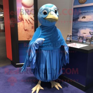 Blue Albatross mascot costume character dressed with a Wrap Dress and Coin purses