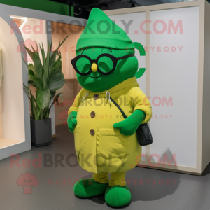 Green Squash mascot costume character dressed with a Coat and Eyeglasses