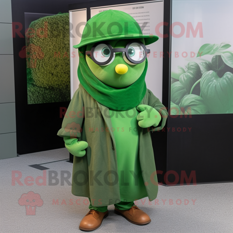 Green Squash mascot costume character dressed with a Coat and Eyeglasses