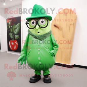 Green Squash mascot costume character dressed with a Coat and Eyeglasses