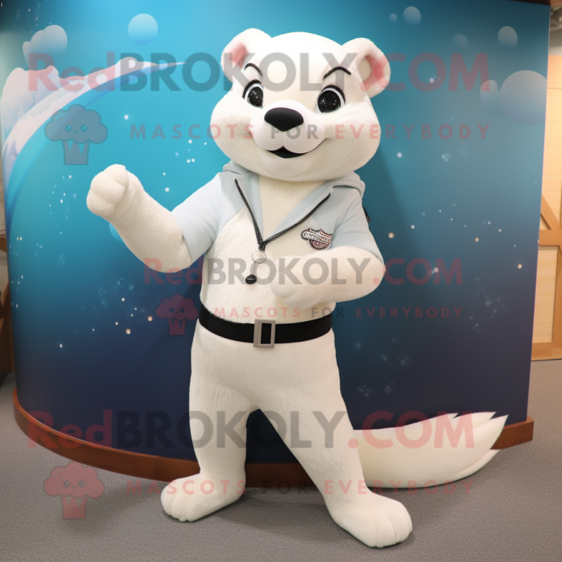 White Marten mascot costume character dressed with a Capri Pants and Wraps White Marten mascot costume character dressed with a Capri Pants and Wraps