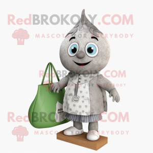 Gray Pear mascot costume character dressed with a Cardigan and Tote bags