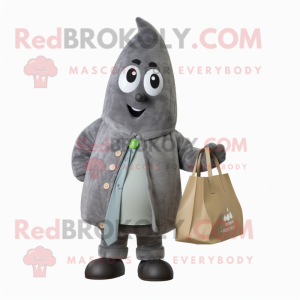 Gray Pear mascot costume character dressed with a Cardigan and Tote bags