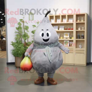 Gray Pear mascot costume character dressed with a Cardigan and Tote bags