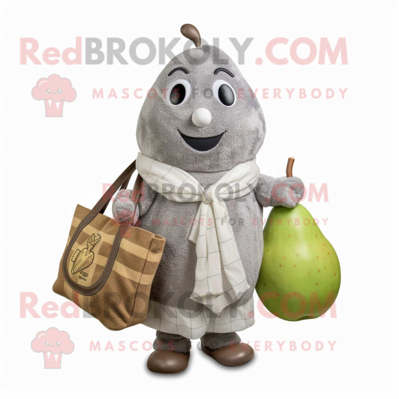 Gray Pear mascot costume character dressed with a Cardigan and Tote bags Gray Pear mascot costume character dressed with a Cardigan and Tote bags