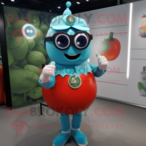 Cyan Tomato mascot costume character dressed with a Dress Pants and Smartwatches