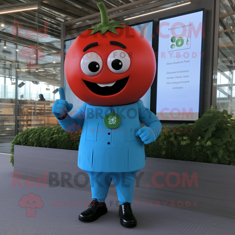 Cyan Tomato mascot costume character dressed with a Dress Pants and Smartwatches