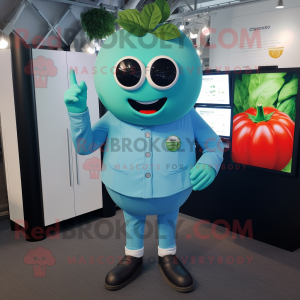 Cyan Tomato mascot costume character dressed with a Dress Pants and Smartwatches