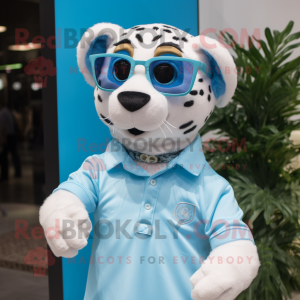 Sky Blue Cheetah mascot costume character dressed with a Polo Shirt and Eyeglasses