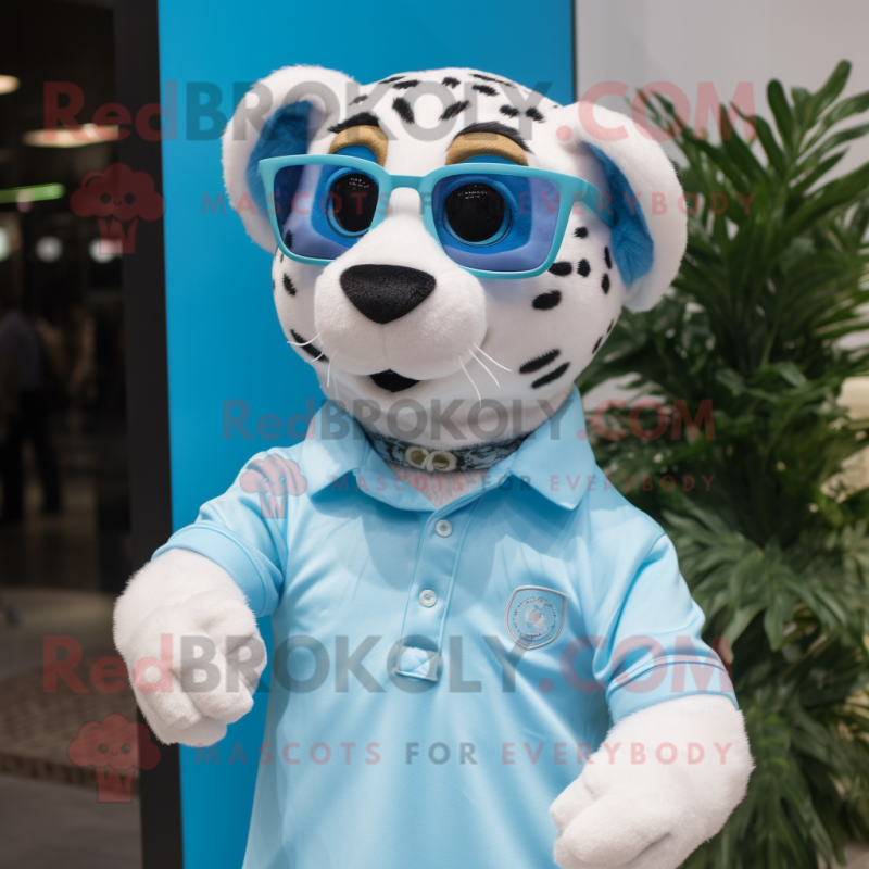 Sky Blue Cheetah mascot costume character dressed with a Polo Shirt and Eyeglasses