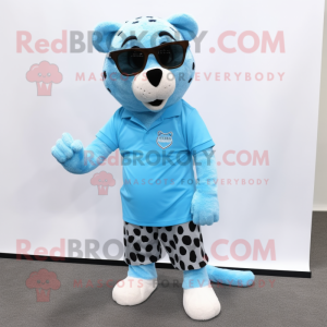 Sky Blue Cheetah mascot costume character dressed with a Polo Shirt and Eyeglasses