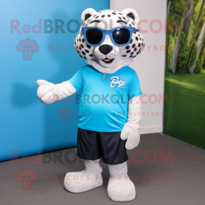 Sky Blue Cheetah mascot costume character dressed with a Polo Shirt and Eyeglasses