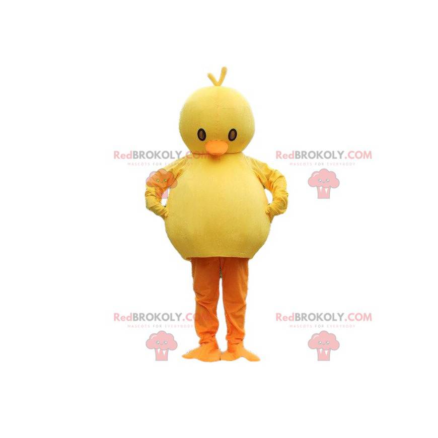 Mascota de pollito regordete amarillo y naranja. Disfraz de