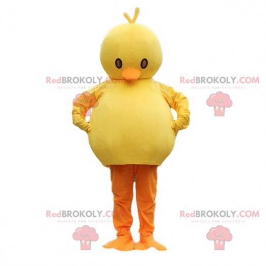 Mascote de garota gorda amarela e laranja. Fantasia de pássaro